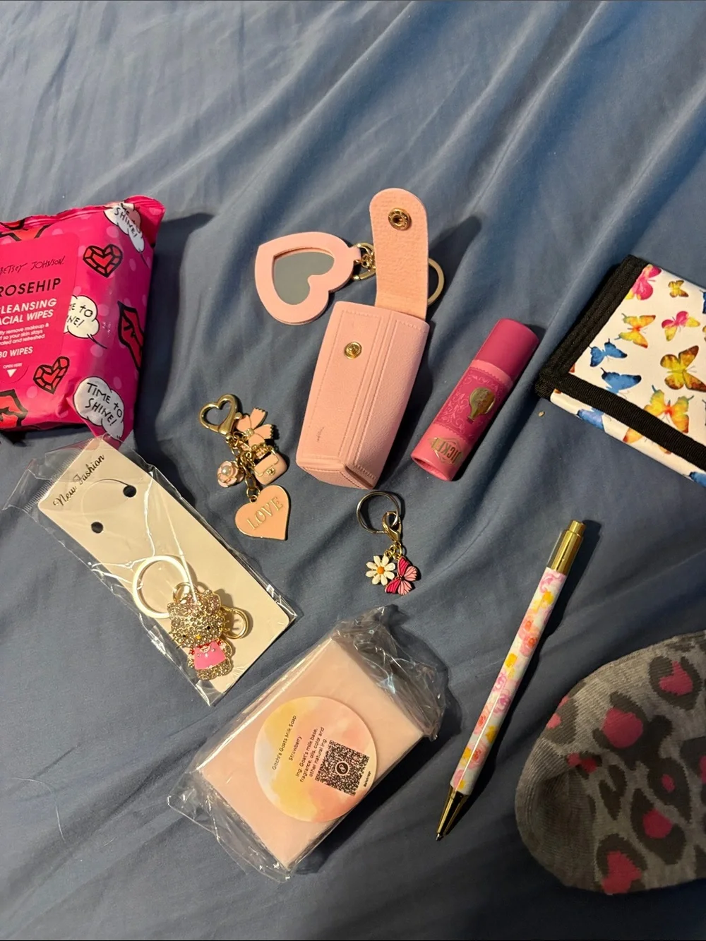 Women purse charms lip balm pen wipes socks lotion socks wallet and soap